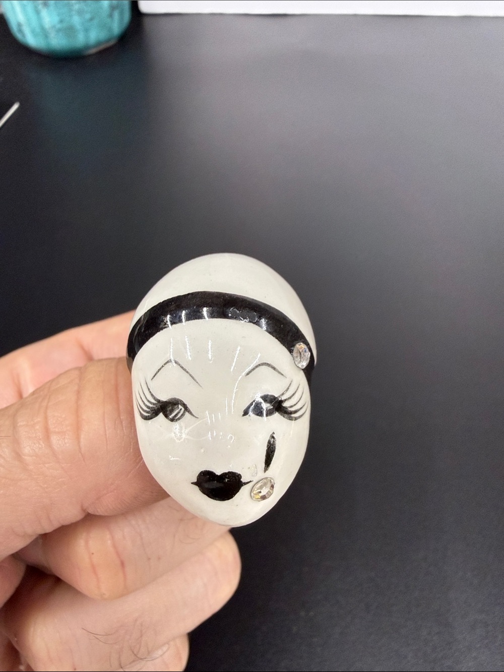 White & Black Ceramic Face Brooch with Rhinestone Accents
